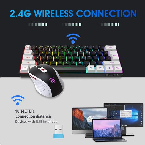 Snpurdiri 2.4G 60% Wireless Gaming Keyboard and Mouse Combo, Black-White in Kuwait