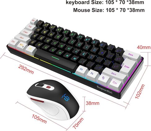 Snpurdiri 2.4G 60% Wireless Gaming Keyboard and Mouse Combo, Black-White in Kuwait