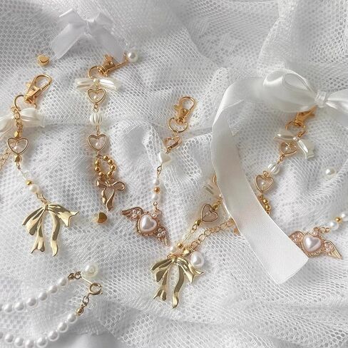Agromusk Gold Bow Keychain Bag Charms for Women Heart Pearl Beaded Coquette Aesthetic Purse Charms in Kuwait