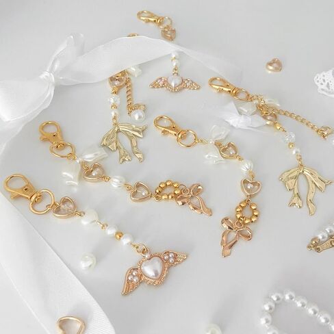 Agromusk Gold Bow Keychain Bag Charms for Women Heart Pearl Beaded Coquette Aesthetic Purse Charms in Kuwait