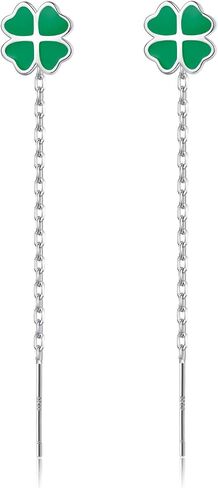 Reffeer Solid 925 Sterling Silver Leaf Clover Dangle Earrings Chain for Women Teen Girls Green Leaf Tassel Drop Earrings Threader in Kuwait