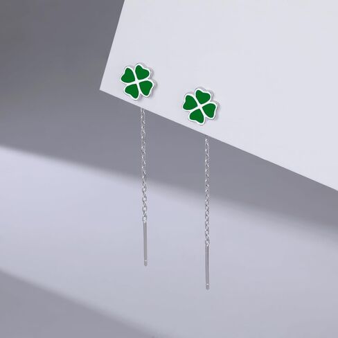 Reffeer Solid 925 Sterling Silver Leaf Clover Dangle Earrings Chain for Women Teen Girls Green Leaf Tassel Drop Earrings Threader in Kuwait