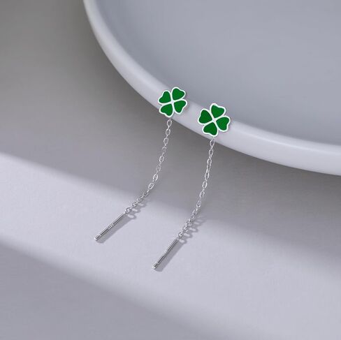 Reffeer Solid 925 Sterling Silver Leaf Clover Dangle Earrings Chain for Women Teen Girls Green Leaf Tassel Drop Earrings Threader in Kuwait