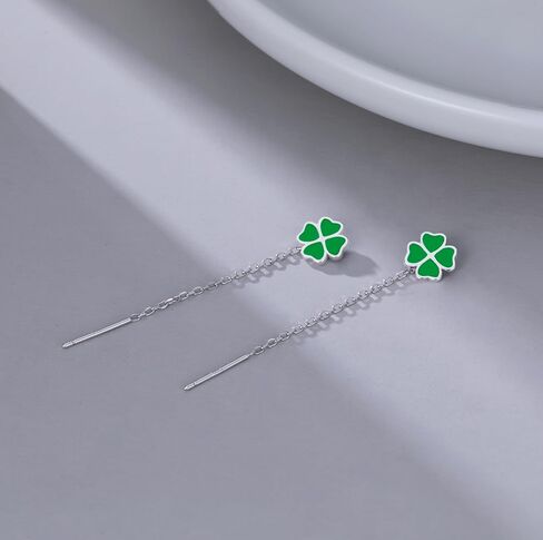 Reffeer Solid 925 Sterling Silver Leaf Clover Dangle Earrings Chain for Women Teen Girls Green Leaf Tassel Drop Earrings Threader in Kuwait
