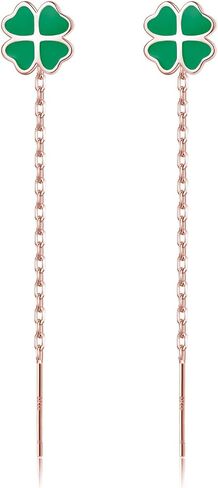 Reffeer Solid 925 Sterling Silver Leaf Clover Dangle Earrings Chain for Women Teen Girls Green Leaf Tassel Drop Earrings Threader in Kuwait