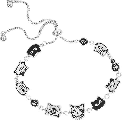 Sterling Silver Dog Charm Bracelet Black And White Cute Puppy Bracelet Adjustable Silver Charm Bracelet for Women Teenagers Dog Lover Gifts Jewelry in Saudi Arabia