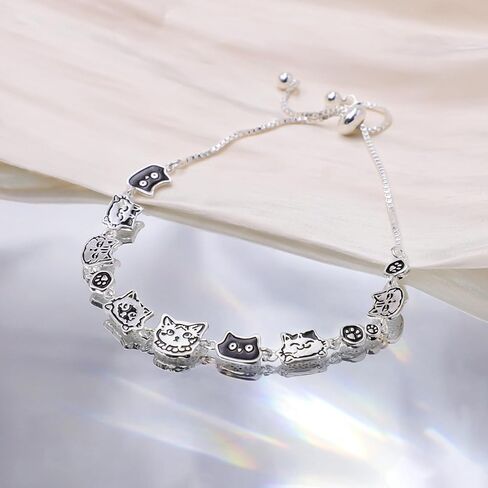 Sterling Silver Dog Charm Bracelet Black And White Cute Puppy Bracelet Adjustable Silver Charm Bracelet for Women Teenagers Dog Lover Gifts Jewelry in Saudi Arabia