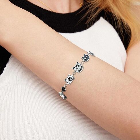 Sterling Silver Dog Charm Bracelet Black And White Cute Puppy Bracelet Adjustable Silver Charm Bracelet for Women Teenagers Dog Lover Gifts Jewelry in Saudi Arabia
