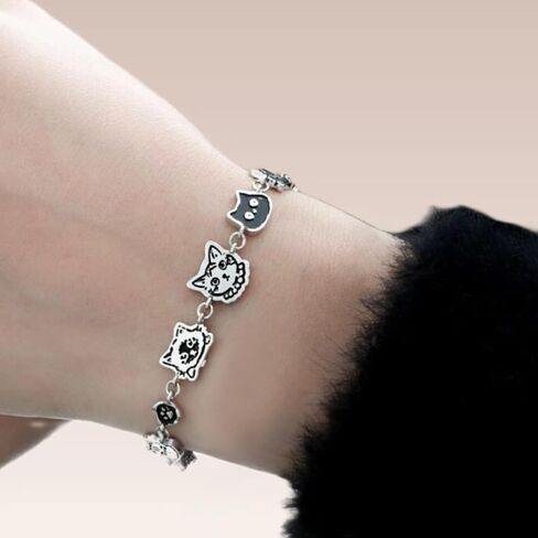 Sterling Silver Dog Charm Bracelet Black And White Cute Puppy Bracelet Adjustable Silver Charm Bracelet for Women Teenagers Dog Lover Gifts Jewelry in Saudi Arabia