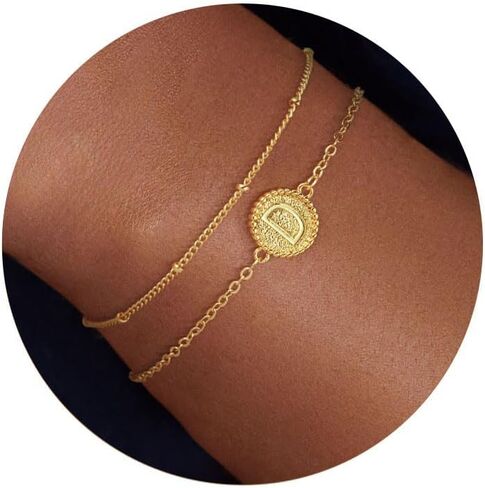 Gold Initial Bracelets for Women,14K Gold Plated Layered Letter A-Z Charm Bracelet Personalized Dainty Satellite Bead Chain Bracelet Trendy Jewelry Gifts for Women in Kuwait