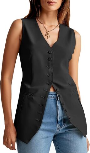 Cicy Bell Womens Button Down Suit Vests Casual Business V Neck Waistcoat Tops Summer Fitted Work Office Sleeveless Blazer in Saudi Arabia