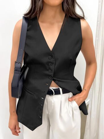 Cicy Bell Womens Button Down Suit Vests Casual Business V Neck Waistcoat Tops Summer Fitted Work Office Sleeveless Blazer in Saudi Arabia