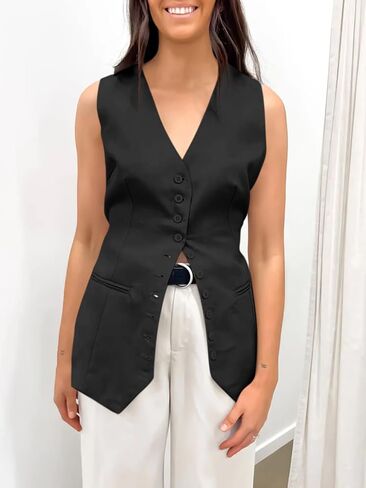 Cicy Bell Womens Button Down Suit Vests Casual Business V Neck Waistcoat Tops Summer Fitted Work Office Sleeveless Blazer in Saudi Arabia