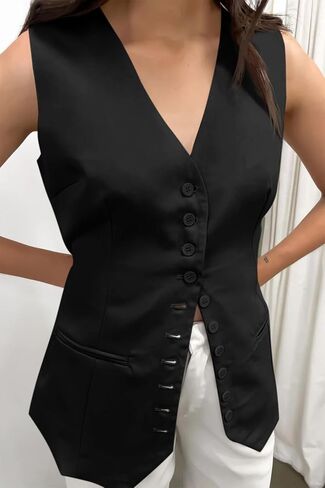 Cicy Bell Womens Button Down Suit Vests Casual Business V Neck Waistcoat Tops Summer Fitted Work Office Sleeveless Blazer in Saudi Arabia