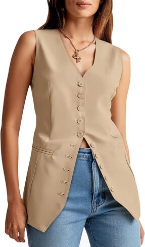 Cicy Bell Womens زر لأسفل سترات عرضية الأعمال الخامسة لقرص الرقبة قمم الصيف مجهزة مكتب العمل بلا أكمام in Saudi Arabia