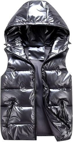 FindThy Women’s Shiny Puffer Down Vest Quilted Zip Up Hat Collar Pocketed Sleeveless Jacket in Saudi Arabia
