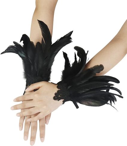Black Lace Feather Gloves Cuffs for Women Cosplay Costume Accessories with Swan Wrist Bands in Saudi Arabia