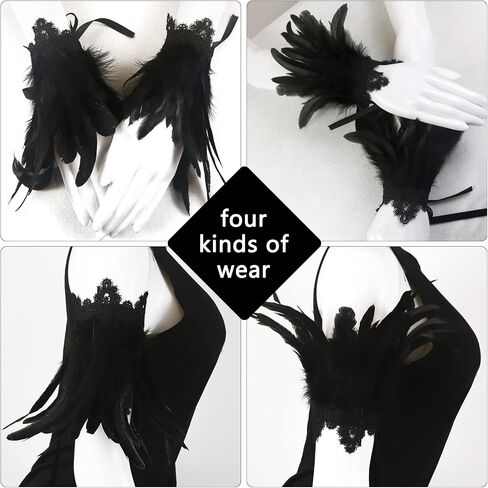 Black Lace Feather Gloves Cuffs for Women Cosplay Costume Accessories with Swan Wrist Bands in Saudi Arabia