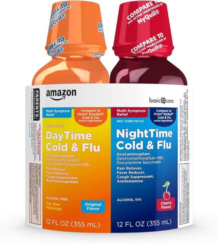 Amazon Basic Care Daytime and Nighttime Cold and Flu Relief Syrup Combo Pack, Powerful Liquid Flu and Cold Medicine for Day and Night, Gluten Free, Original & Cherry, 12 fl oz (Pack of 2) in Saudi Arabia