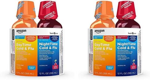 Amazon Basic Care Daytime and Nighttime Cold and Flu Relief Syrup Combo Pack, Powerful Liquid Flu and Cold Medicine for Day and Night, Gluten Free, Original & Cherry, 12 fl oz (Pack of 2) in Saudi Arabia