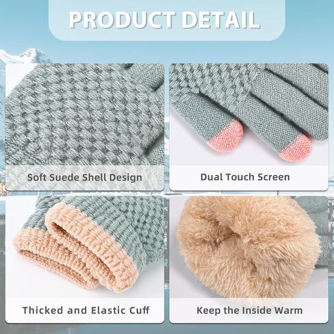 Winter Wool Fleece Lined Knit Gloves for Women Girls，Warm Full Fingers Gloves with Touch Screen for Cold Weather in Kuwait