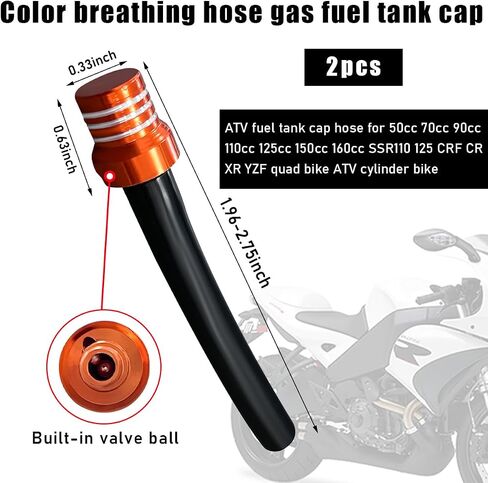 2 PCS Breather Hose Gas Fuel Tank Cap, CNC One Way Tank Vent Tube with Aluminum Breather Valve, Universal for ATV Quad Off-Road Pit Dirt Bike, Motorcycle Accessories (Orange) in Saudi Arabia