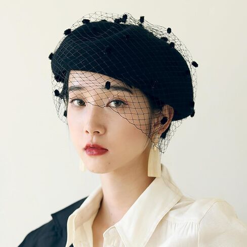 Women Fall Winter Spring Warm Wool Blend Beret French Artist Painter Hat with Veil in Kuwait