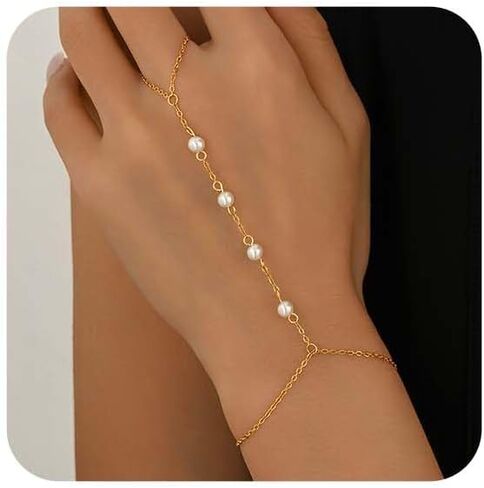 Hand Chain Bracelet for Women 18K Gold Plated Pearl Beaded Moon Star Cubic Zirconia Ring Bracelet Hand Chain Trendy Body Jewlery Gifts in Kuwait