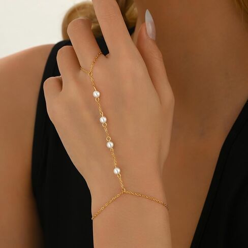 Hand Chain Bracelet for Women 18K Gold Plated Pearl Beaded Moon Star Cubic Zirconia Ring Bracelet Hand Chain Trendy Body Jewlery Gifts in Kuwait