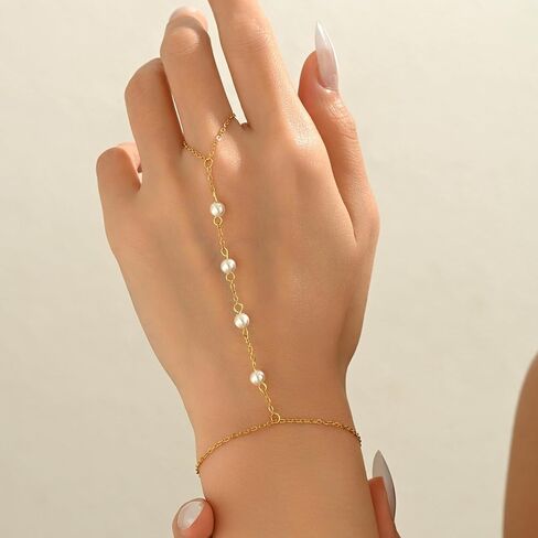 Hand Chain Bracelet for Women 18K Gold Plated Pearl Beaded Moon Star Cubic Zirconia Ring Bracelet Hand Chain Trendy Body Jewlery Gifts in Kuwait