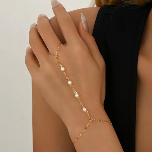 Hand Chain Bracelet for Women 18K Gold Plated Pearl Beaded Moon Star Cubic Zirconia Ring Bracelet Hand Chain Trendy Body Jewlery Gifts in Kuwait