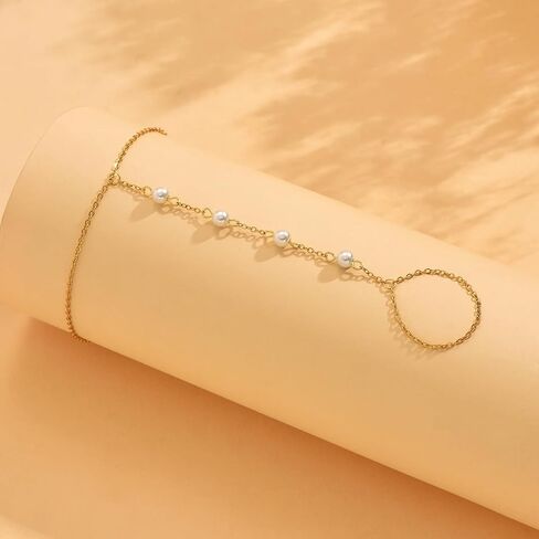 Hand Chain Bracelet for Women 18K Gold Plated Pearl Beaded Moon Star Cubic Zirconia Ring Bracelet Hand Chain Trendy Body Jewlery Gifts in Kuwait
