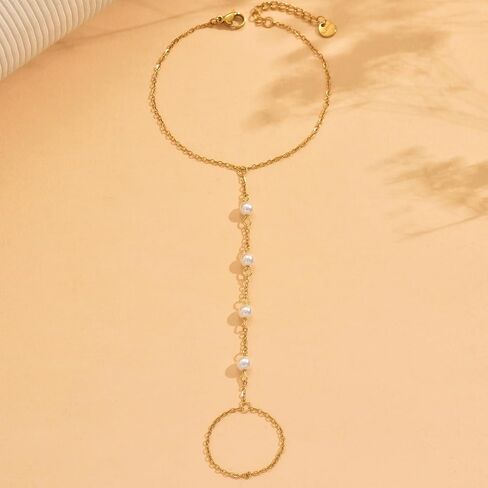 Hand Chain Bracelet for Women 18K Gold Plated Pearl Beaded Moon Star Cubic Zirconia Ring Bracelet Hand Chain Trendy Body Jewlery Gifts in Kuwait