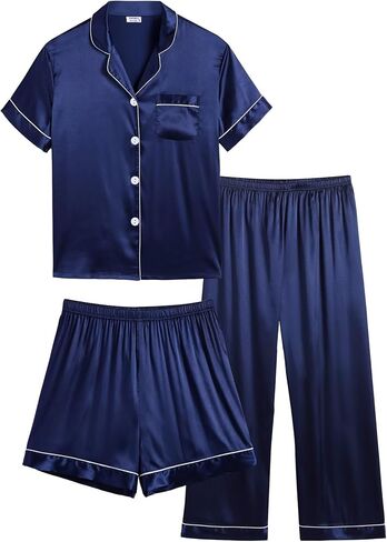 SWOMOG Kids Silk Pajamas 3 Piece Girls Boys Satin Pajamas Set Button-Down PJs Set Soft Loungewear Short Sleeve Sleepwear in Saudi Arabia