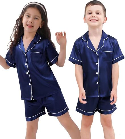 SWOMOG Kids Silk Pajamas 3 Piece Girls Boys Satin Pajamas Set Button-Down PJs Set Soft Loungewear Short Sleeve Sleepwear in Saudi Arabia