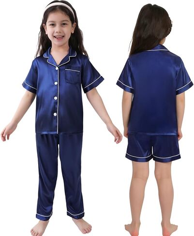 SWOMOG Kids Silk Pajamas 3 Piece Girls Boys Satin Pajamas Set Button-Down PJs Set Soft Loungewear Short Sleeve Sleepwear in Saudi Arabia
