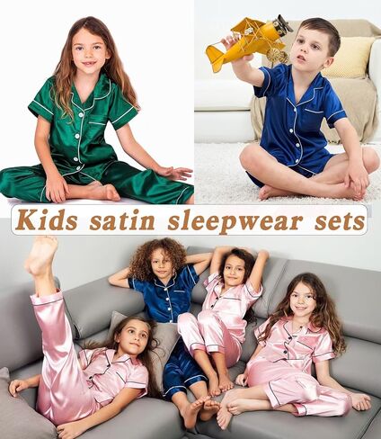 SWOMOG Kids Silk Pajamas 3 Piece Girls Boys Satin Pajamas Set Button-Down PJs Set Soft Loungewear Short Sleeve Sleepwear in Saudi Arabia