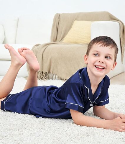 SWOMOG Kids Silk Pajamas 3 Piece Girls Boys Satin Pajamas Set Button-Down PJs Set Soft Loungewear Short Sleeve Sleepwear in Saudi Arabia