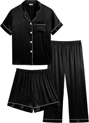 SWOMOG Kids Silk Pajamas 3 Piece Girls Boys Satin Pajamas Set Button-Down PJs Set Soft Loungewear Short Sleeve Sleepwear in Saudi Arabia