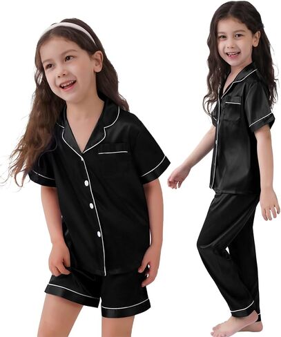 SWOMOG Kids Silk Pajamas 3 Piece Girls Boys Satin Pajamas Set Button-Down PJs Set Soft Loungewear Short Sleeve Sleepwear in Saudi Arabia