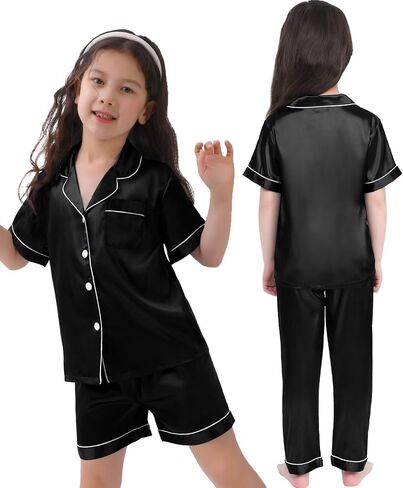 SWOMOG Kids Silk Pajamas 3 Piece Girls Boys Satin Pajamas Set Button-Down PJs Set Soft Loungewear Short Sleeve Sleepwear in Saudi Arabia