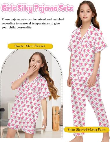 Silk Pajamas for Girls Satin Pajama Kids 3 Pieces Short Sleeve Girl Button-down Pjs Shorts Pants Sleepwear in Kuwait