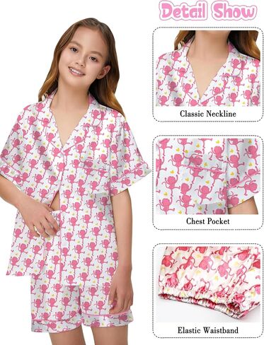 Silk Pajamas for Girls Satin Pajama Kids 3 Pieces Short Sleeve Girl Button-down Pjs Shorts Pants Sleepwear in Kuwait