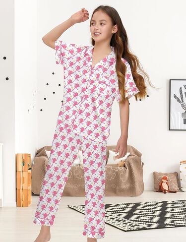 Silk Pajamas for Girls Satin Pajama Kids 3 Pieces Short Sleeve Girl Button-down Pjs Shorts Pants Sleepwear in Kuwait