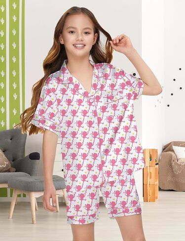 Silk Pajamas for Girls Satin Pajama Kids 3 Pieces Short Sleeve Girl Button-down Pjs Shorts Pants Sleepwear in Kuwait