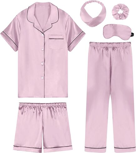 Silk Pajamas for Girls Satin Pajama Kids 3 Pieces Short Sleeve Girl Button-down Pjs Shorts Pants Sleepwear in Kuwait