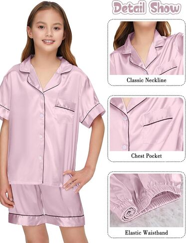 Silk Pajamas for Girls Satin Pajama Kids 3 Pieces Short Sleeve Girl Button-down Pjs Shorts Pants Sleepwear in Kuwait