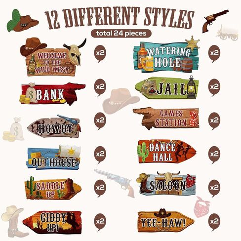 Faccito 24 Pcs Western Party Directional Sign Yard Cowboy Rodeo Theme Cutouts Wild West Welcome Sign Decor for Western Birthday Photo Props Backdrop Wall Party Decorations (Retro Color) in Saudi Arabia