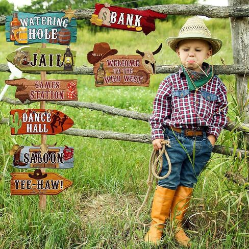Faccito 24 Pcs Western Party Directional Sign Yard Cowboy Rodeo Theme Cutouts Wild West Welcome Sign Decor for Western Birthday Photo Props Backdrop Wall Party Decorations (Retro Color) in Saudi Arabia