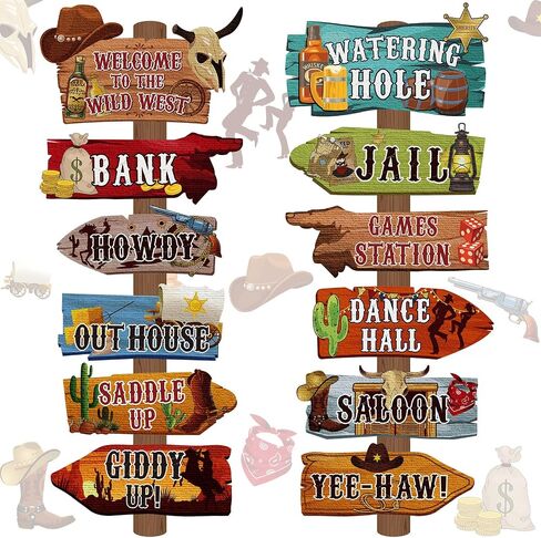 Faccito 24 Pcs Western Party Directional Sign Yard Cowboy Rodeo Theme Cutouts Wild West Welcome Sign Decor for Western Birthday Photo Props Backdrop Wall Party Decorations (Retro Color) in Saudi Arabia